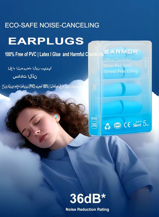 EARMOR E01 （5 Pairs ）Blue Earplugs For Sleeping German UltraSilence acoustic gel Waterborne Polyurethane Ear Plugs SNR 36dB | -59dB Noise Cut | 60s Memory Foam | 360° Skin-Soft Fit Soft Foam Earplugs for Sleeping Studying Travel and Daily Noise Relief S/M Two Size To Chose Orignal Design Patented products - Image 2